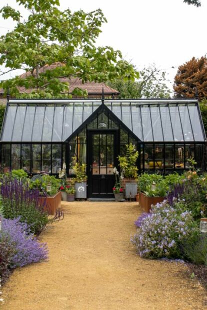 dark alitex greenhouse with colourful planting
