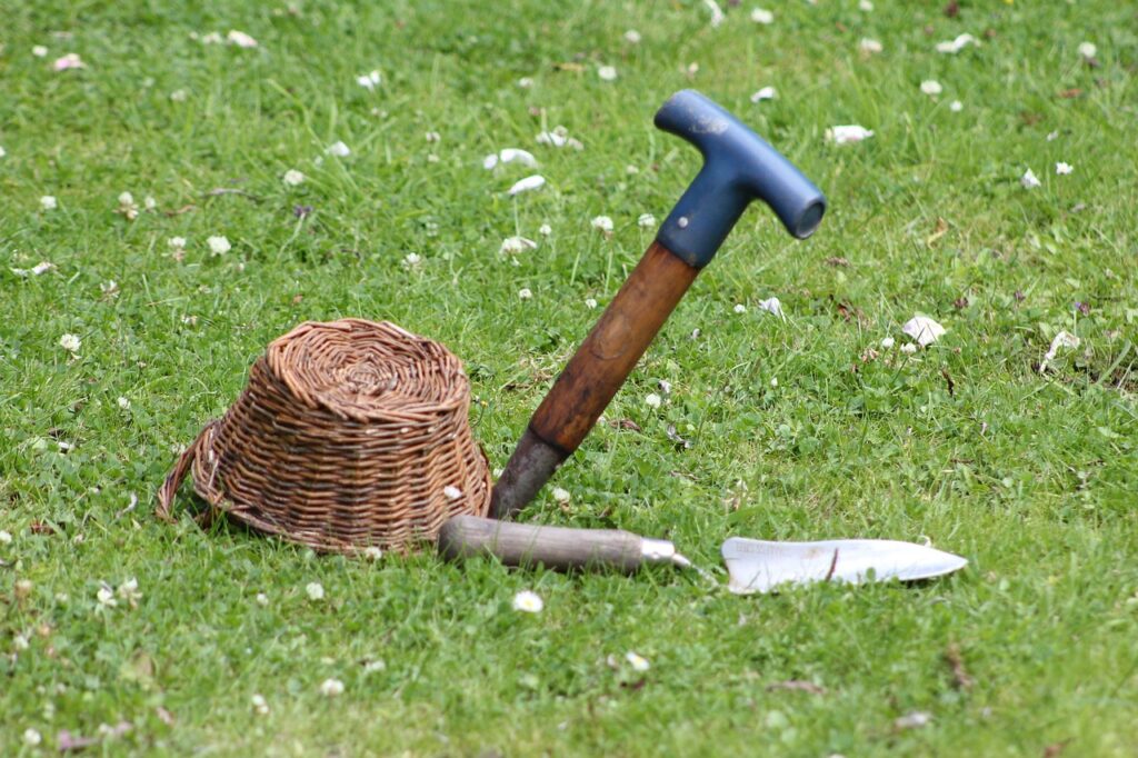 What garden tools do I need? A dibber stuck in the ground next to a trowel